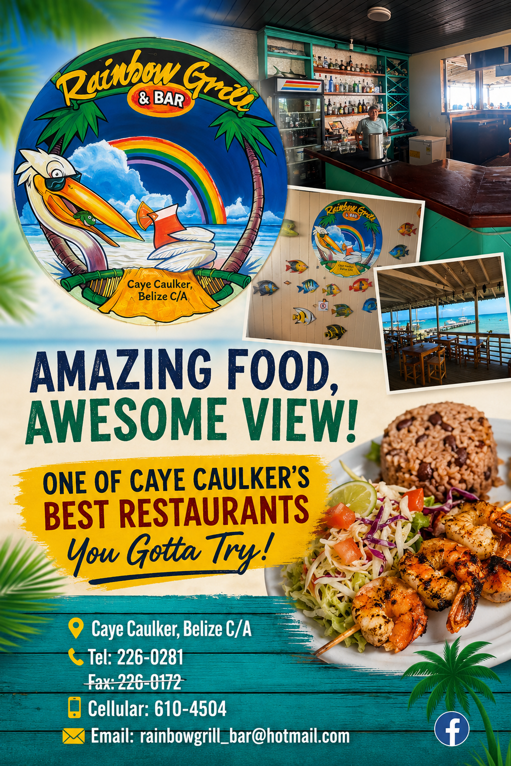 Rainbow Grill & Bar, Caye Caulker Belize — grilled shrimp plate with rice and beans, dockside dining and ocean view