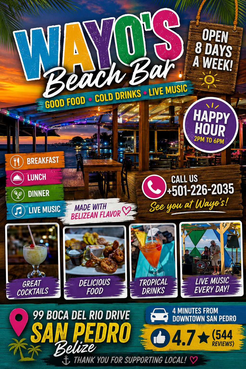Beach bar and restaurant on the sand in San Pedro, Belize — waterfront dining and drinks